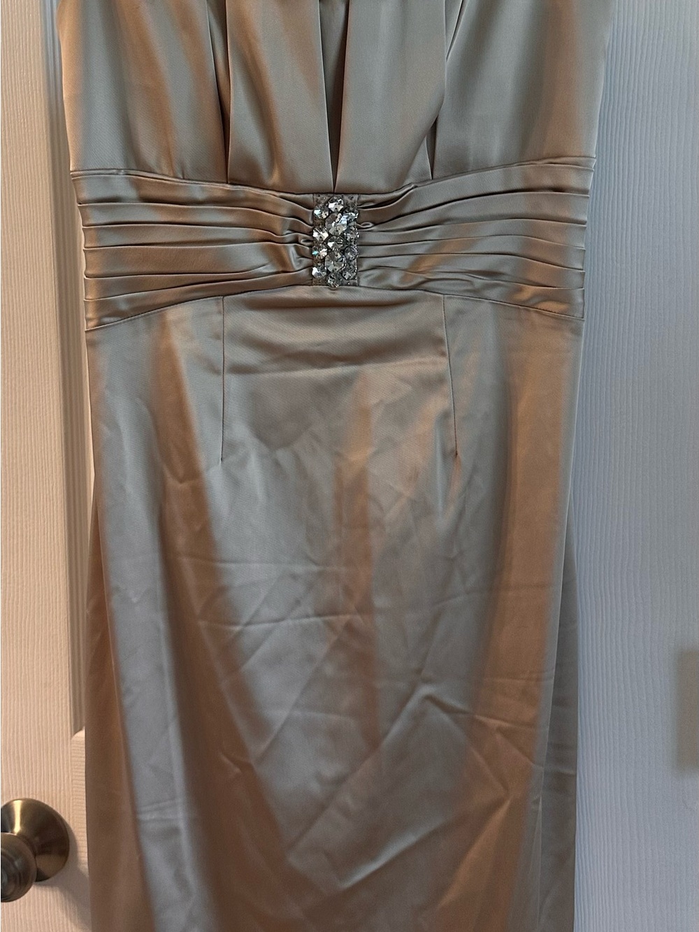 Calvin Klein Metallic Silver Strapless Satin Dress with Crystal Waist Accent